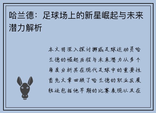 哈兰德：足球场上的新星崛起与未来潜力解析